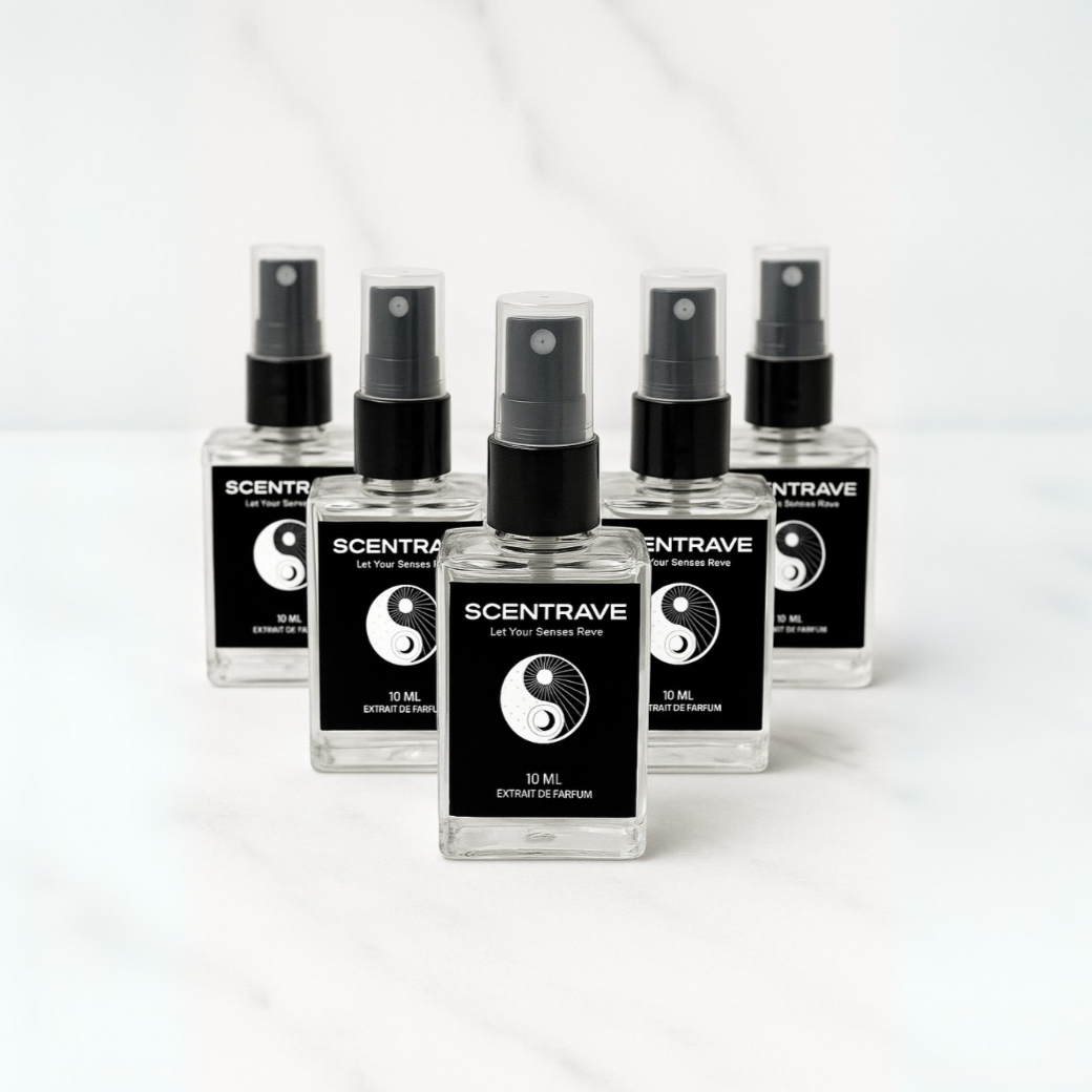 Five Scentrave perfume bottles on a white background
