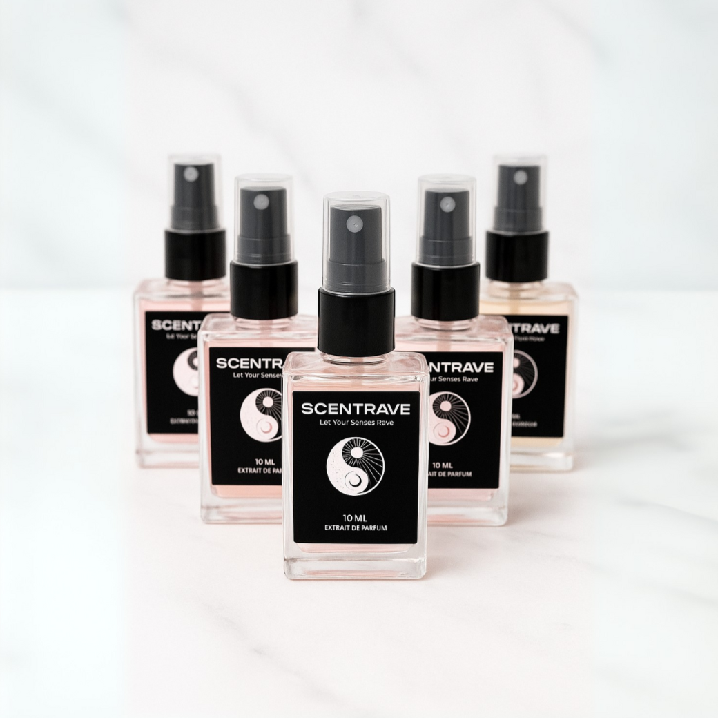 Five Scentrave perfume bottles on a white background