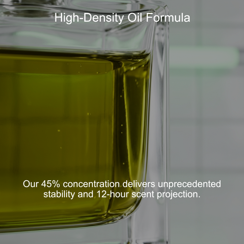 Glass container with yellow liquid and text about high-density oil formula.