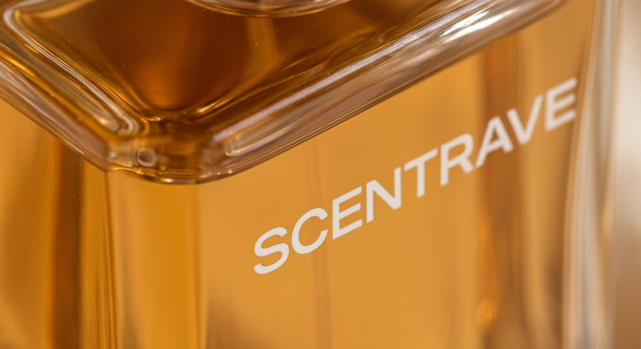 Perfume bottle with wooden cap and white flower, featuring the brand 'SCENTRAVE'.slider_item_JwwMq4